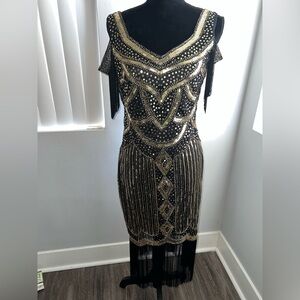 Elegant Black and Gold Beaded Dress